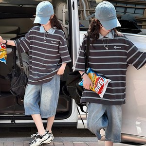비비키드 여아 여름 주니어 상의 하의 세트 초중생 레터링 스트라이프 카라티 반팔티 데님 반바지 초등생 상하세트 (775178)