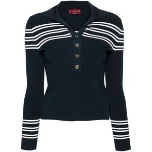 구찌 스트라이프 골지 니트 폴로 탑, 블루계열+화이트계열, Standard XS(KR 44)