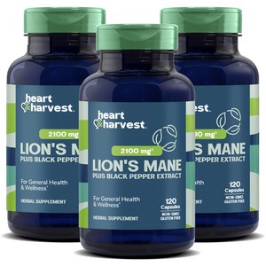 Heart & Harvest 2100mg 라이온즈 메인 블랙 페퍼 추출물 포함 캡슐, 120정, 3개