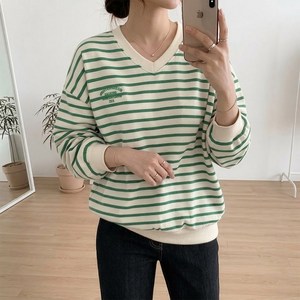 데일리앤 더스트 여성 루즈핏 자수 레터링 긴팔 맨투맨 기본 면 스트라이프 티셔츠 봄