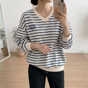 데일리앤 더스트 여성 루즈핏 자수 레터링 긴팔 맨투맨 기본 면 스트라이프 티셔츠 봄