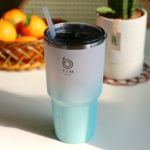 Tim900 대용량 1리터 텀블러 (본체 + 뚜껑 + 개방형 실리콘 빨대) 900ml, 민트&화이트