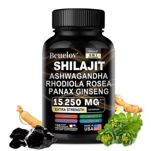 Shilajit 보충제 - Rhodiola Rosea Ashwagandha 인삼 은행나무 빌로바 함유 - 전반적인 건강 근력 집중력 향상 인지 기능 면역 건강 지원, 60캡슐, 1개, 60정