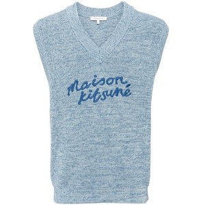 메종키츠네 로고 자수 V넥 니트 베스트, 블루계열, Standard L(KR 105)