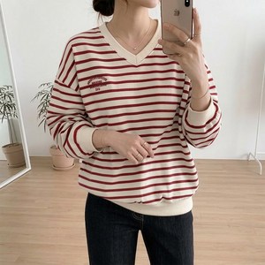 데일리앤 더스트 여성 루즈핏 자수 레터링 긴팔 맨투맨 기본 면 스트라이프 티셔츠 봄