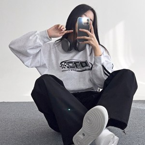 크림도우 여성 레이싱 크롭 라운드 맨투맨 두줄 소매 긴팔 티셔츠