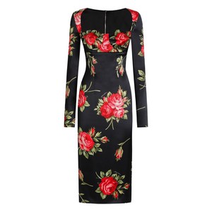 돌체앤가바나 플로럴 프린트 긴소매 미디 드레스, 블랙계열+레드계열, Italy 44(KR 66)