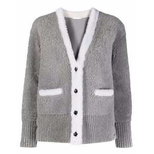 톰 브라운 V넥 콘트라스트 트리밍 시어링 가디건 재킷, 그레이계열, Italy 38(KR 44)