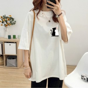 스타일아유 여성 여름용 오버핏 반팔 티셔츠 면100% 빅사이즈 원작 고양이 2마리 루즈핏 반팔티 롱티 M-2XL 자체제작[A3G3TS1732]