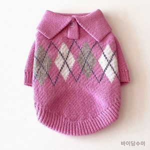 바이담수미 강아지 체크카라 니트, 핑크