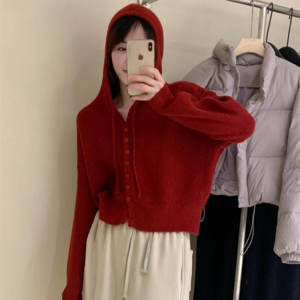 모던스튜디오 여성 골덴 니트 후드 가디건