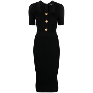 발망 스퀘어 넥 골지 미디 드레스