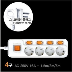 현대일렉트릭 국산 안전 접지 개별 스위치 멀티탭 2구 3구 4구 5구 6구 1.5M 3M 5M 10M 과부하차단 통합스위치 전기 멀티 콘센트 디에스, 4.16A개별+과부하차단멀티탭, 4구1.5M, 1개