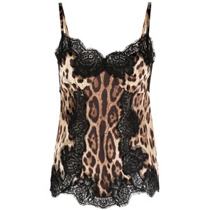돌체앤가바나 레오파드 프린트 새틴 캐미솔 탑, 브라운계열+블랙계열, Italy 44(KR 66)