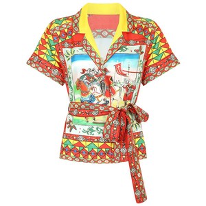 돌체앤가바나 카레토 프린트 벨트 실크 셔츠, 블루계열+레드계열, Italy 36(KR 33)