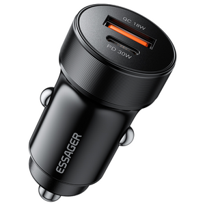 ESSAGER QC3.0 30W 듀얼 포트 C타입 차량용 고속 충전기, 블랙, 1개