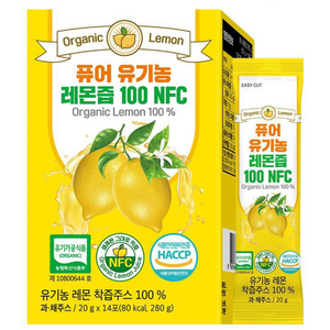 퓨어 유기농 레몬즙 100 NFC 스페인산 유기농 레몬즙 레몬수 원액 스틱, 20g, 14개