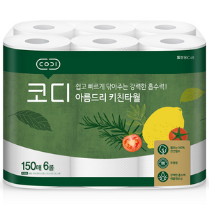 코디 아름드리 천연펄프 키친타올, 150매, 6개
