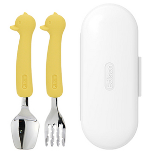 에디슨 유아 실리콘 스푼 포크 케이스 세트, 오리옐로우, 스푼 + 포크 + ..., 1세트