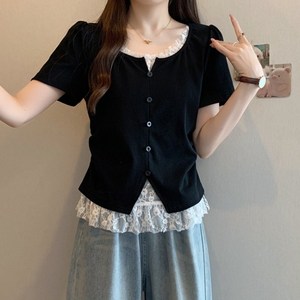 SAHINER 여성 반팔 티셔츠 레이스 배색 페이크 투피스 데일리룩 ATX89