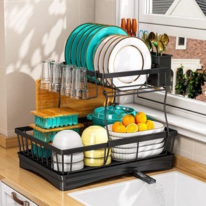 Kipnos 식기건조대 그릇 설거지 물빠짐 식기 여과대 주방 가정용 식기건조 접시 수납 여과대, 2단, 블랙, 1개