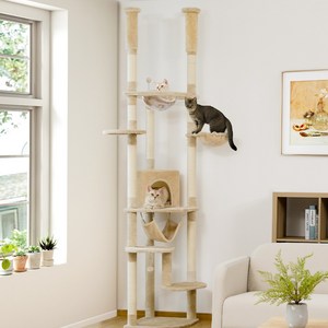 PAWZ Road 6단 대형 플러시 패브릭 캣폴 천장 고정형 트윈 기둥 높이 조절 캣타워 236CM-258CM 스크래쳐 기둥+숨숨집+해먹, 베이지, 1개