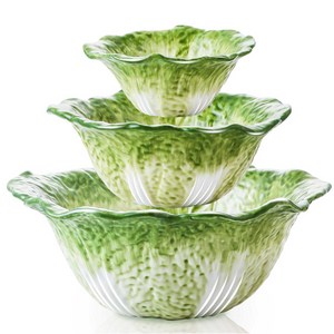 녹색세라믹그릇 3 종세트 26.2+18.5+13cm 1774+473+148ml국그릇 큰라면그릇 비빔그릇 쌀그릇 디저트 그릇 믹싱그릇 샐러드 그릇 배추 모방 야채과일 전원풍