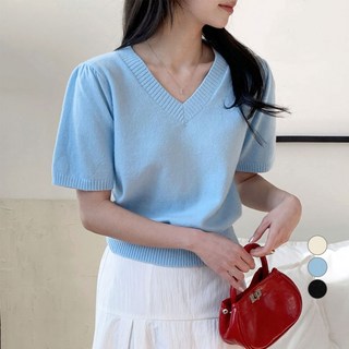 아피나르 여성용 벌룬 슬리브 브이넥 데일리 반팔 니트