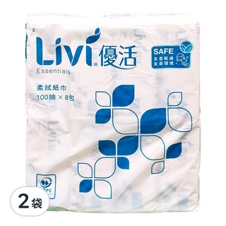 LIVI 優活 抽取式柔拭紙, 100抽 x 8包, 紙張細膩柔滑 高效吸水性, 2袋