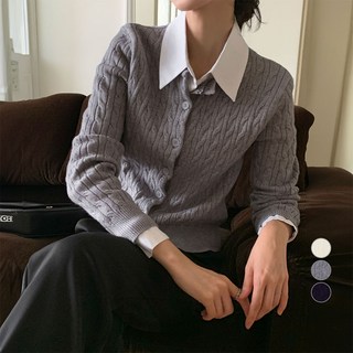 afinar 女款基本版圓領柔軟觸感絞花針織開襟衫