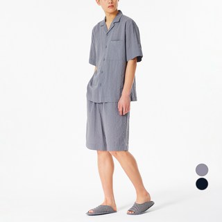 JAJU 남성용 냉감 통기성 레이온 코튼 시어서커 파자마 셔츠