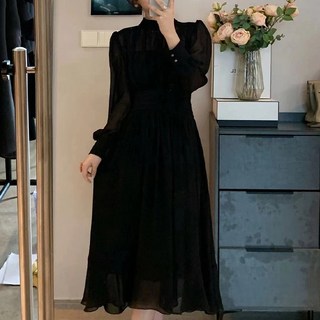 비비에모 쉬폰 셔링 하이넥 우아킬 숏 롱 원피스 03064