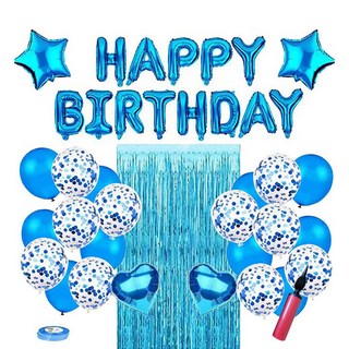 뷰라뷰 생일 파티 풍선 + 손펌프 + 풍선테이프 세트, 블루, 1세트