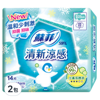 SOFY 蘇菲 清新涼感極薄小黃瓜微涼衛生棉 日用型, 23cm, 14片, 2包
