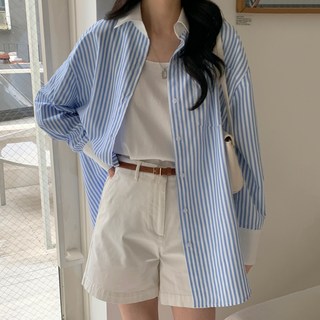afinar 女用寬鬆條紋領長袖襯衫