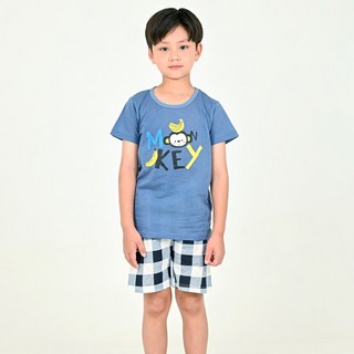 Kids Line 男童猴子香蕉印花短袖睡衣+5分格紋短褲套裝