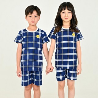 Kids Line 孩童笑臉格紋5分袖睡衣+短褲套裝