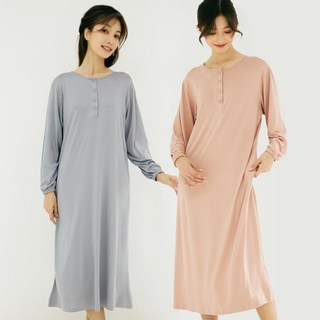 테라우드 여성용 피치 기모 허그 라운드 긴팔 잠옷 원피스 2p