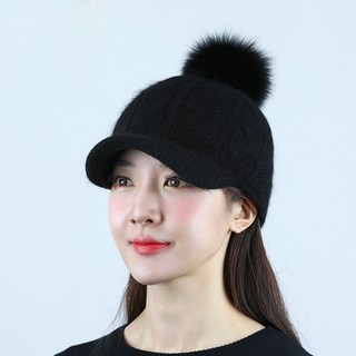 루페오 여성용 겨울 방한 앙고라 니트 여우털 방울 골프 모자