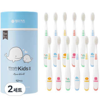 왕타 아쿠아월드 2호 어린이 칫솔, 코랄,노랑,파랑,초록, 12개, 2세트