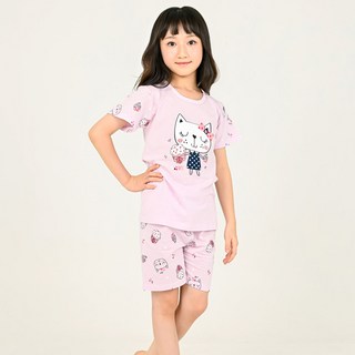 Kids Line 女童貓咪印花短袖T恤+印花5分褲居家套裝
