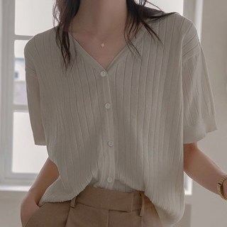 Paperments 女款寬鬆版型V領豎條紋短袖針織開襟衫 22745