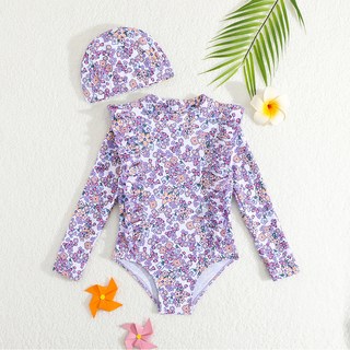 스타빈 여아용 플라워 긴팔 수영복 + 모자 세트