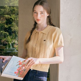 rolarola 女款翻領麻花鏤空相間短袖開襟衫