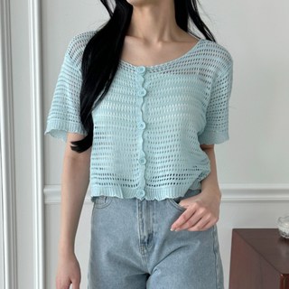 Lalaon 女款圓領網狀鏤空短袖開襟衫 TSP2444