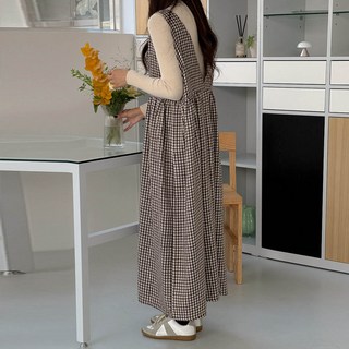 보리맘 체크 브이넥 뷔스티에 멜빵 롱 빅사이즈 임부복 원피스 a977