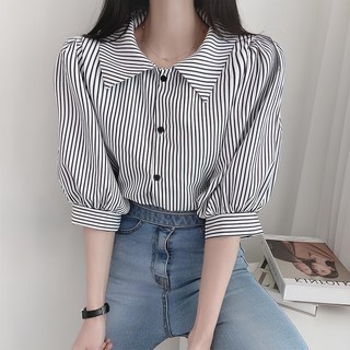 페이퍼먼츠 세라 퍼프 카라 5부 스트라이프 셔츠 10765