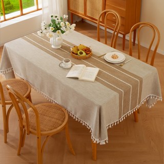 Homely Zakka 歐式棉麻流蘇桌巾, 180 x 140cm, 1個, 條紋咖
