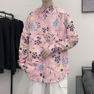 남성용 트렌드한 플라워 봄 긴팔 셔츠