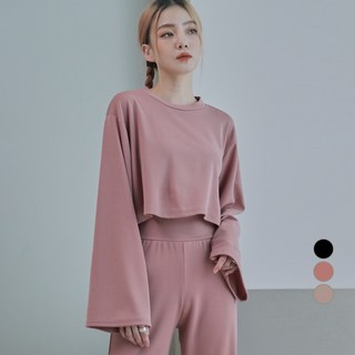 Awesomearound 女款簡約素色短版寬鬆上衣+喇叭長褲套組